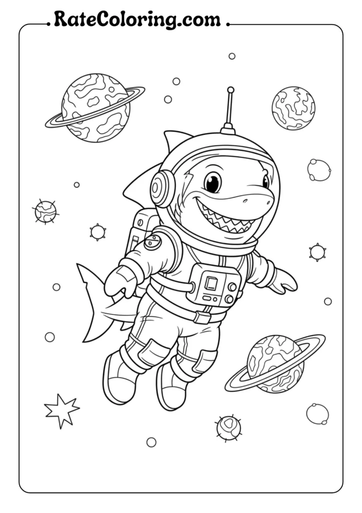 Coloring page featuring a playful shark floating in space among stars and planets. Perfect for creative fun!