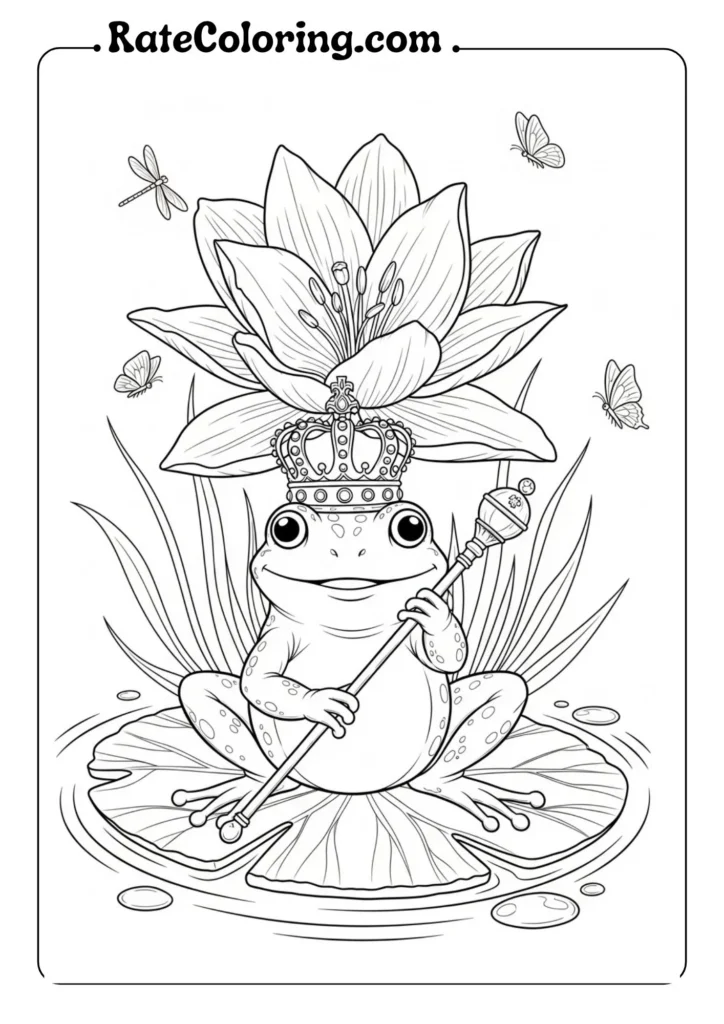A whimsical frog coloring pages on a lily pad, ideal for kids and adults who love to color.