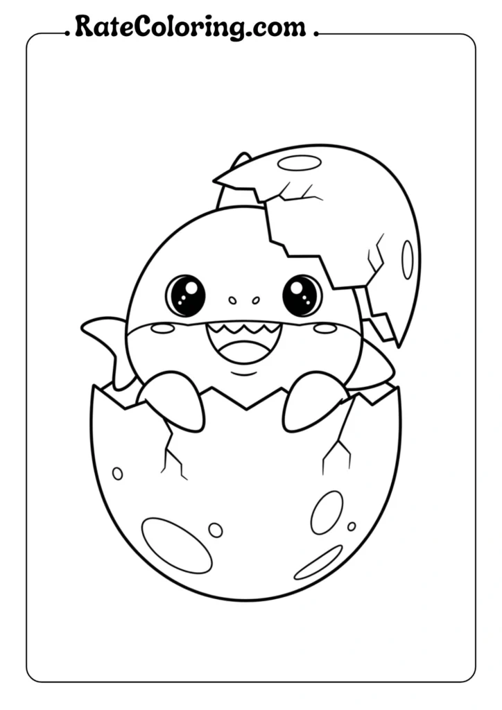Cute baby shark hatching from egg coloring page, simple black and white outline for kids
