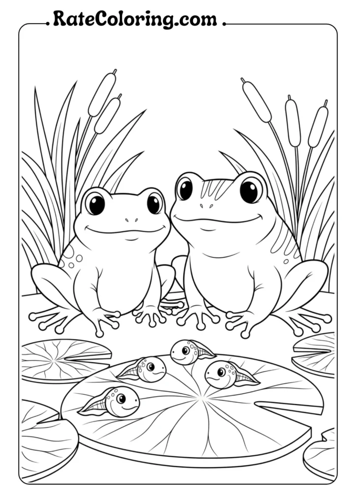 Cute frog coloring pages showing frog parents and their babies in a pond scene