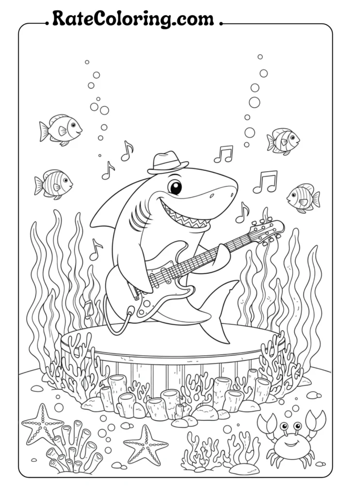 Black and white coloring page of a shark wearing a hat playing electric guitar underwater, surrounded by fish, seaweed, starfish, and a crab.