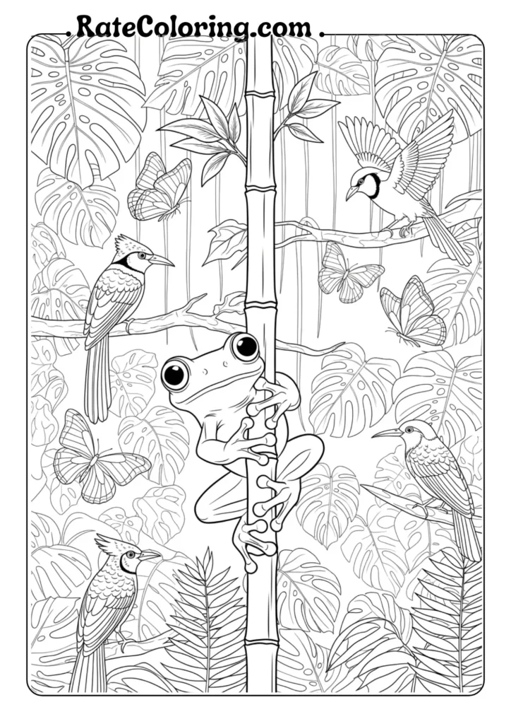 A delightful coloring page of a frog and birds, designed to inspire creativity in young artists.