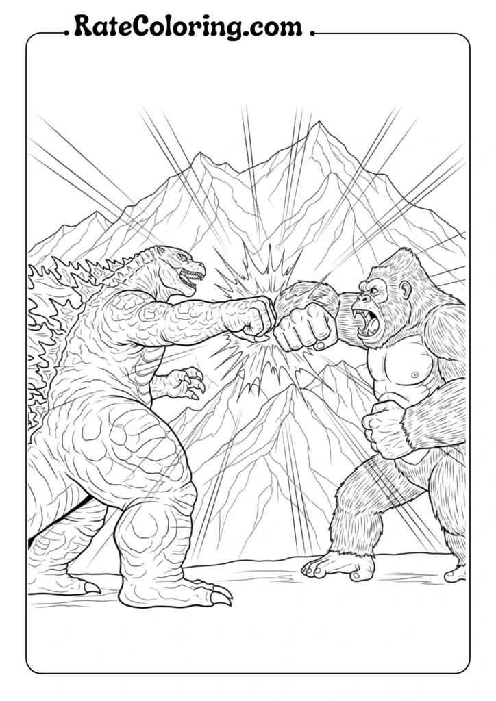 A dramatic scene of Godzilla and King Kong fighting amidst rugged mountains, ideal for coloring pages.