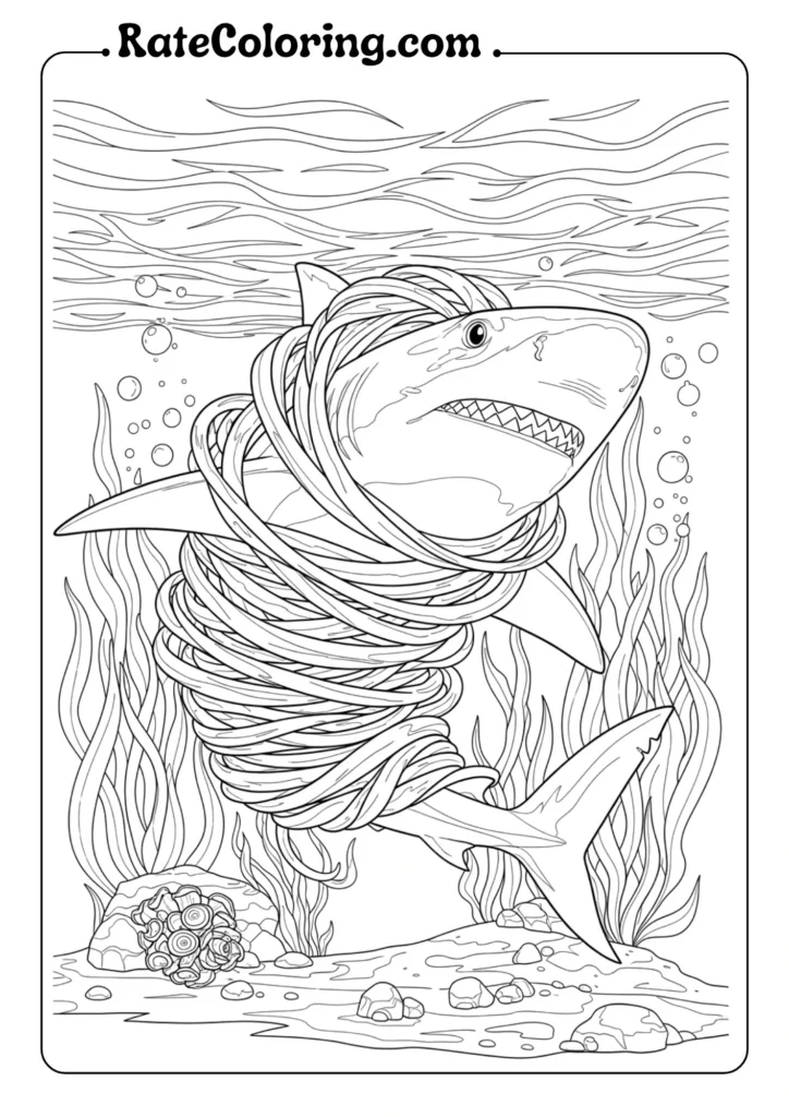 Line drawing of a shark entangled in a large coil of rope underwater among seaweed and rocks, with bubbles rising to the surface.