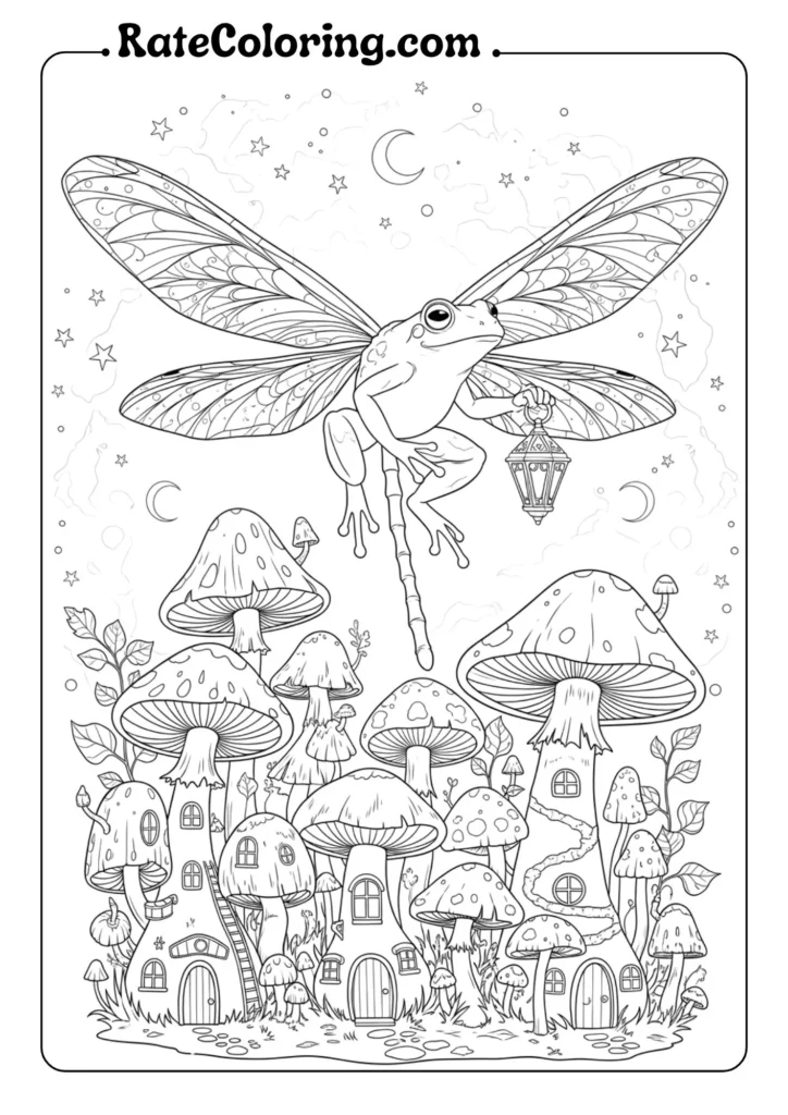 A coloring page featuring a dragonfly and mushrooms, perfect for creative fun alongside frog-themed coloring pages.