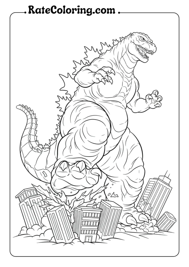 A collection of Godzilla coloring pages featuring various poses and scenes of the iconic monster.