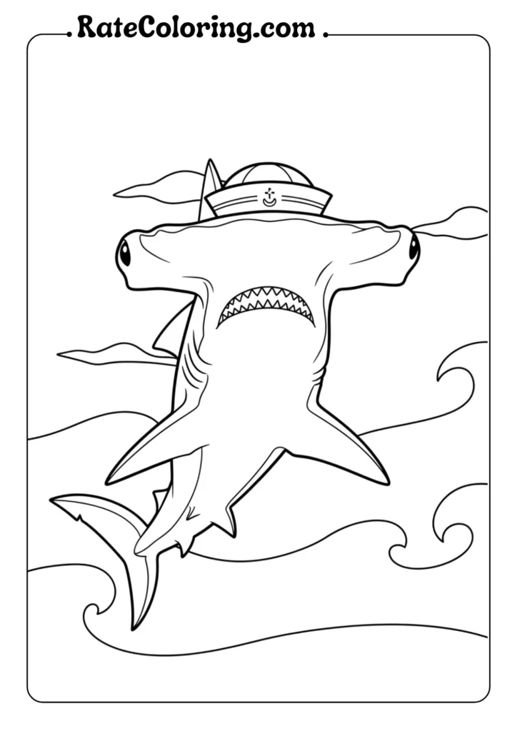 Line drawing of a hammerhead shark wearing a sailor's hat, swimming above stylized ocean waves with a sailboat in the background.