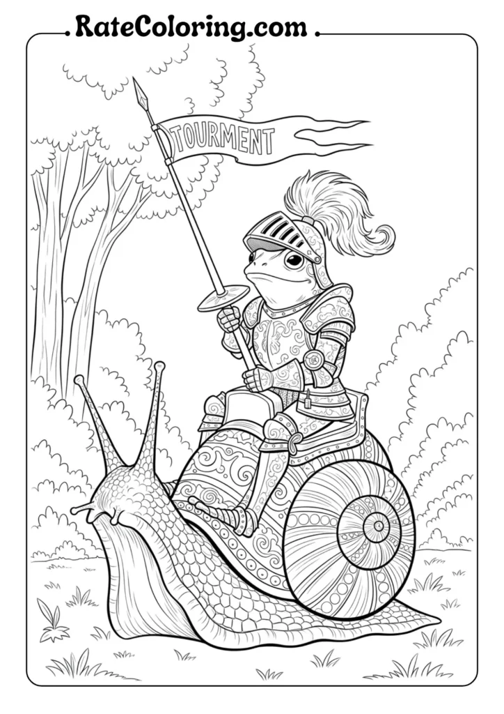 A creative coloring page depicting a knight on a snail, complemented by cute frog characters in the background.