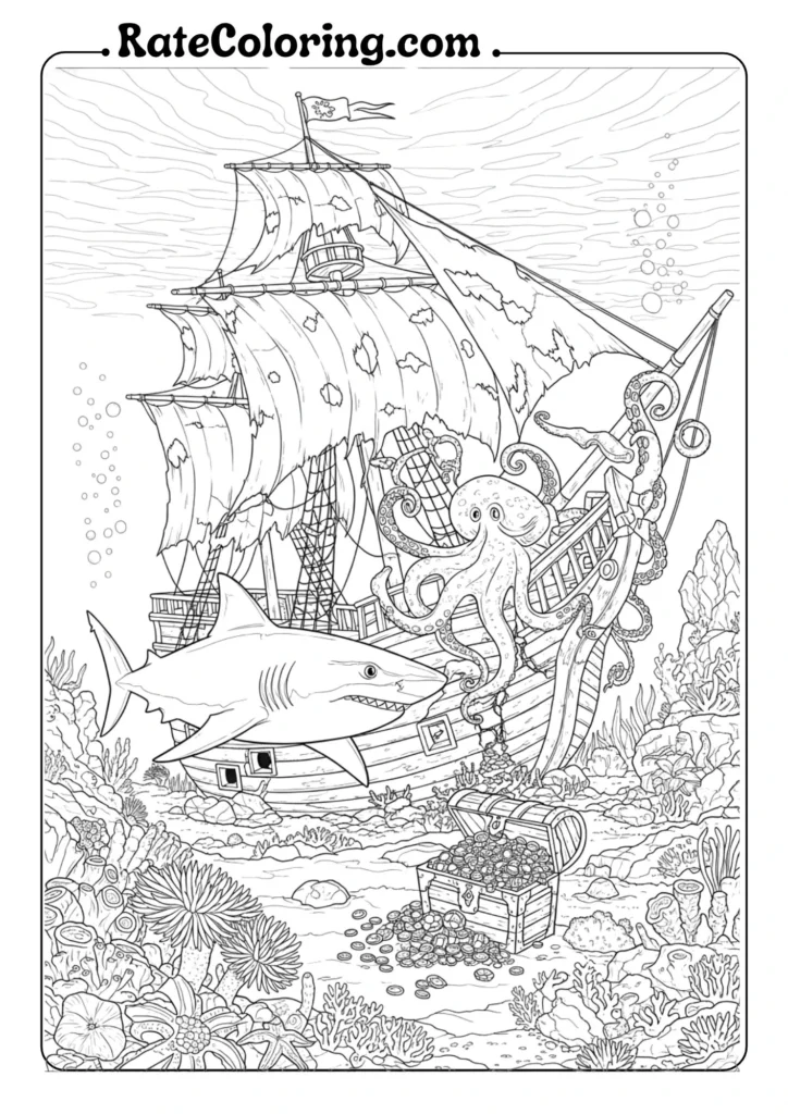 A fun coloring page showing a ship on the water with a curious shark swimming alongside, ready for coloring adventures.