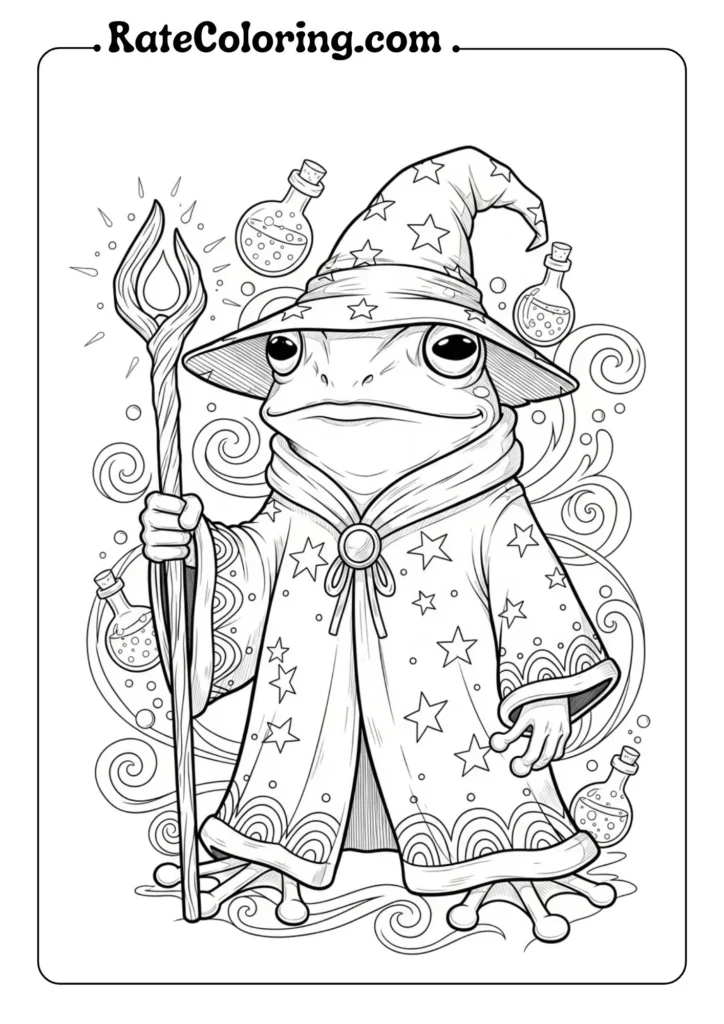 A frog dressed as a wizard holds a staff, wearing a star-patterned robe and hat, with swirling magical elements and potion bottles in the background—perfect for enchanting frog coloring pages.