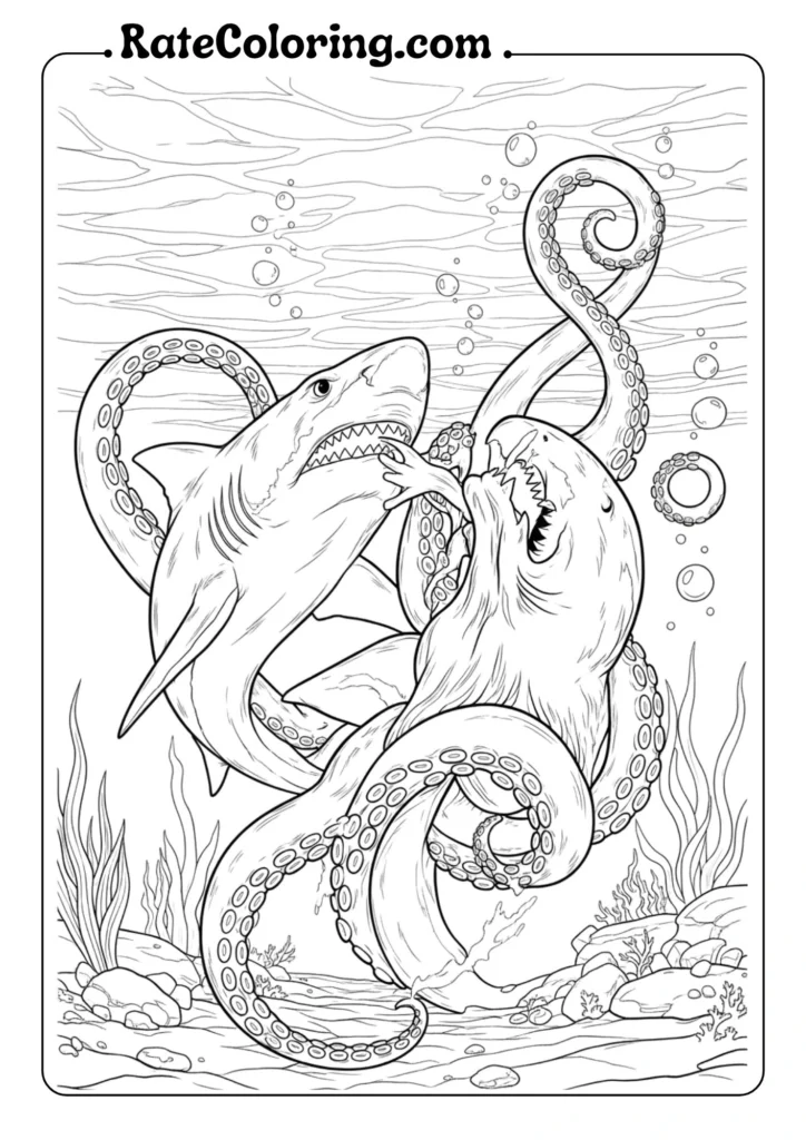 An engaging coloring page with an octopus and shark, inviting creativity and imagination in ocean-themed art.