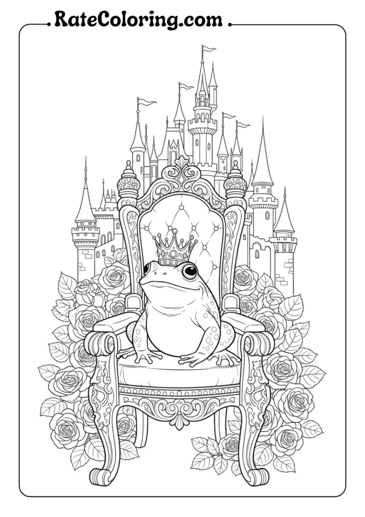 A crowned frog sits on an ornate throne surrounded by roses, with a large castle in the background—perfect inspiration for whimsical frog coloring pages.