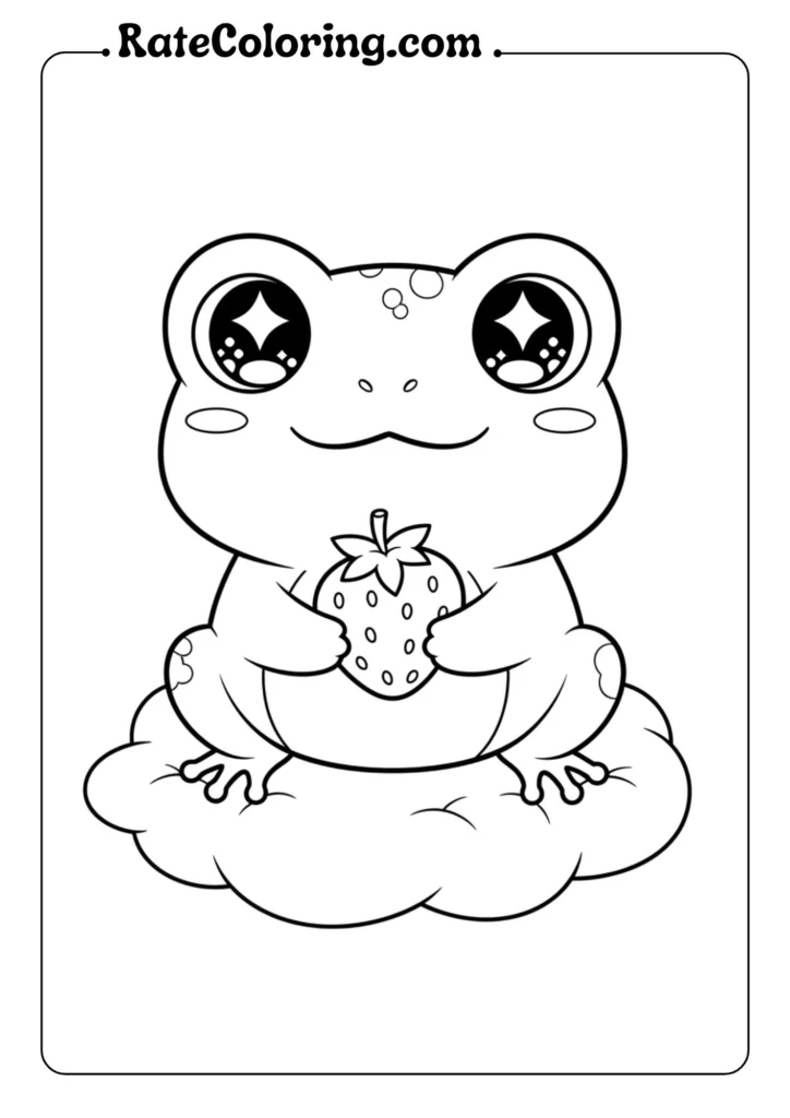 Cute cartoon frog coloring pages with big sparkling eyes holding a strawberry, sitting on a lily pad.