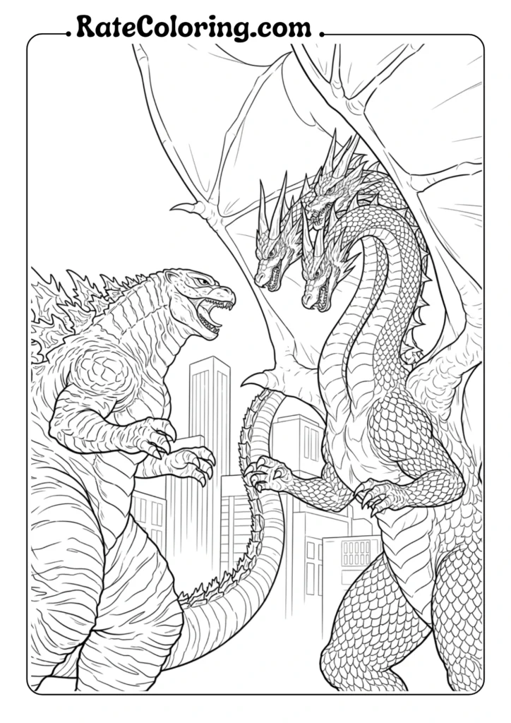 Godzilla and King Kong battling in a dynamic scene from a coloring page, showcasing their iconic clash.