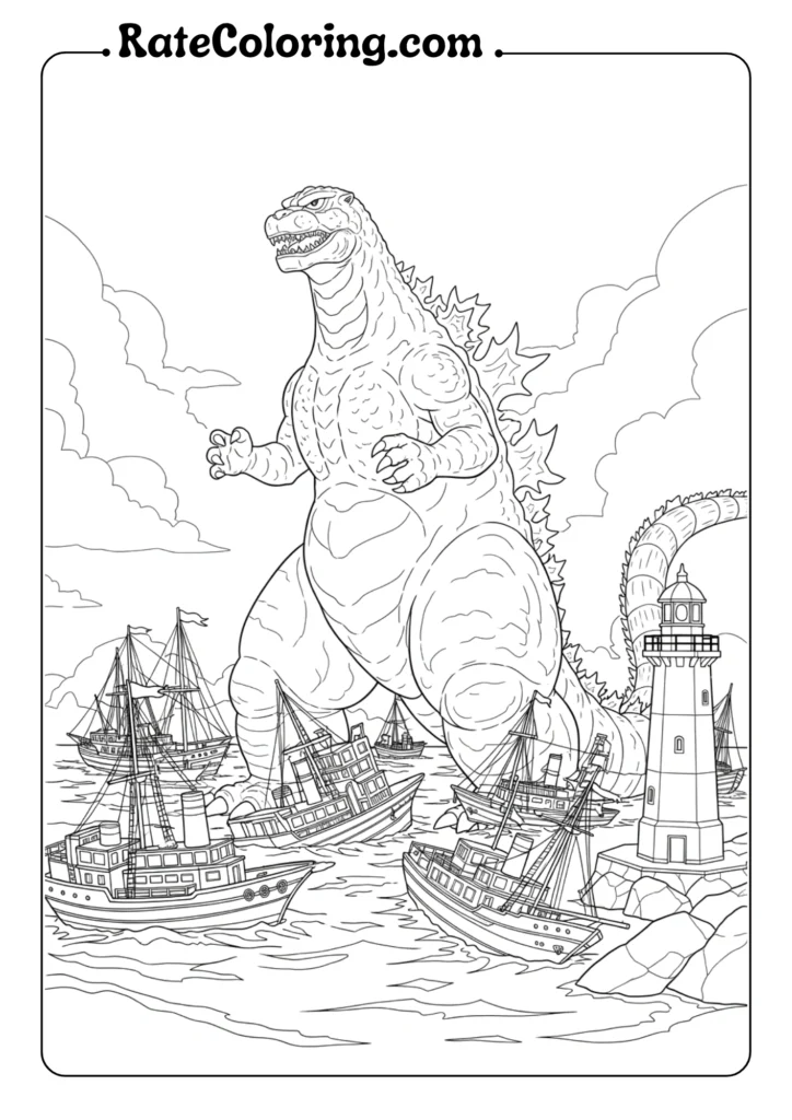 Fun Godzilla coloring pages for kids featuring the iconic monster in various action poses and scenes.
